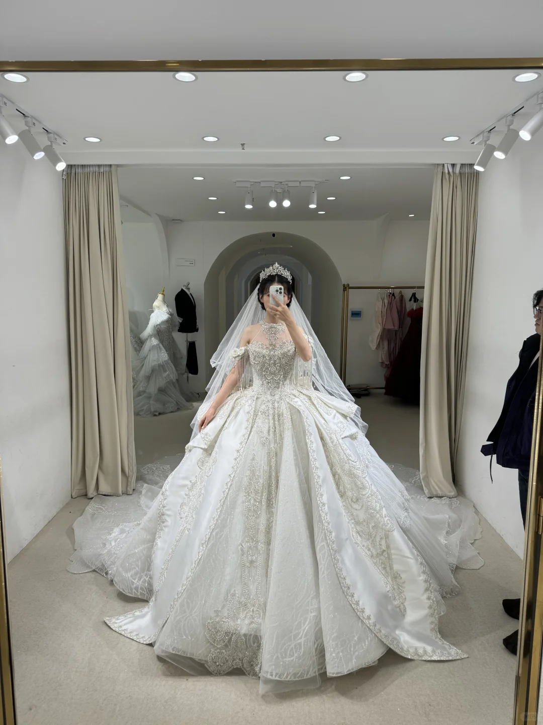 Timeless Ball Gown Off The Shoulder Satin Tulle Lace Beaded With Veil Long Wedding Dresses