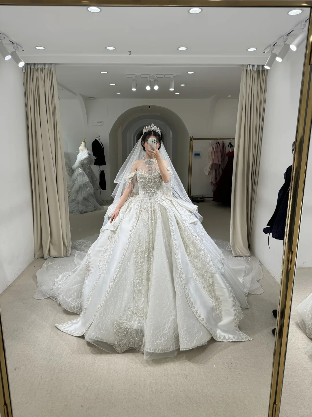 Timeless Ball Gown Off The Shoulder Satin Tulle Lace Beaded With Veil Long Wedding Dresses