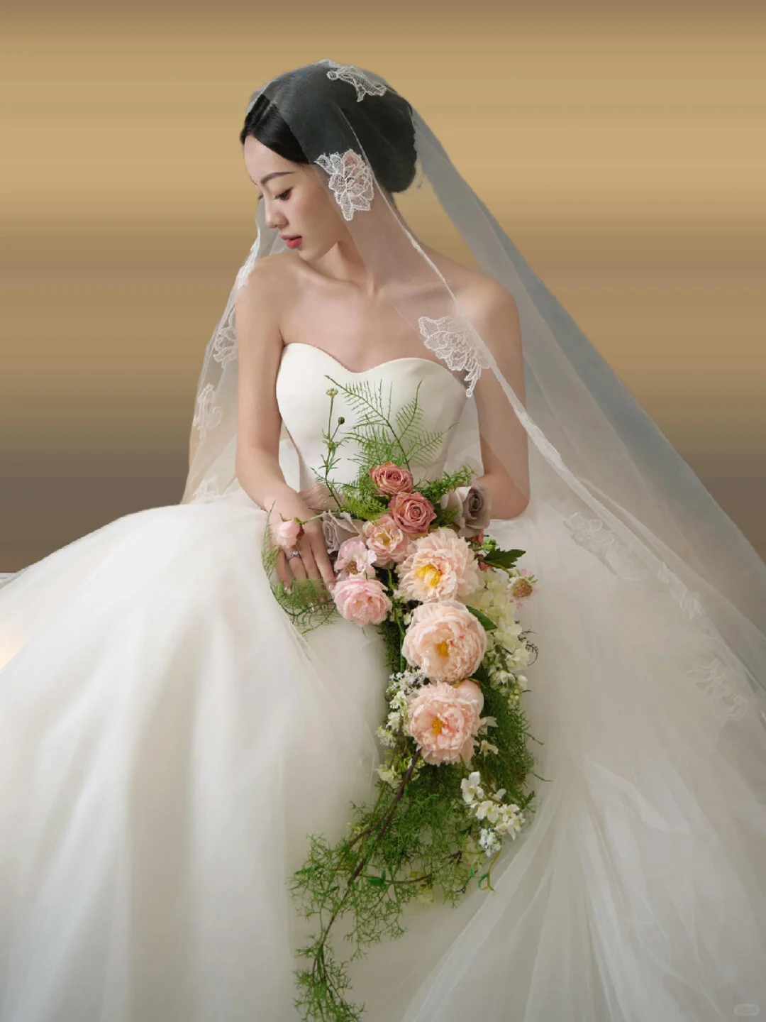 Princerss Ball Gown Strapless Satin Tulle With Veil Long Wedding Dresses