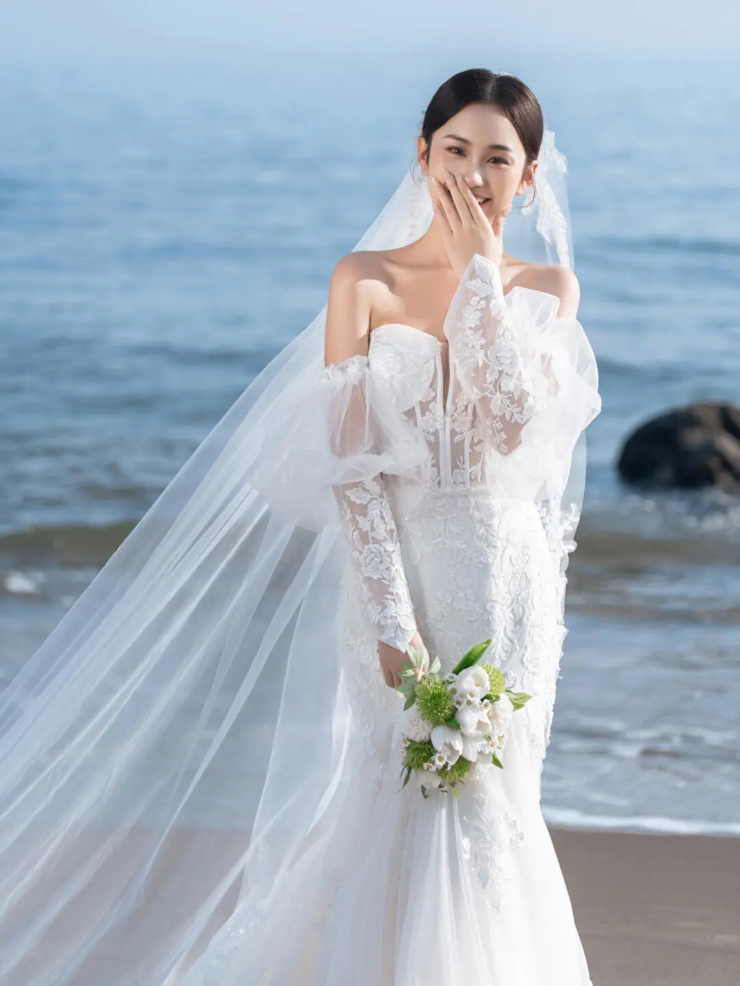 Unique Mermaid Off The Shoulder White Satin Tulle Applique Long Sleeve With Veil Long Wedding Dresses