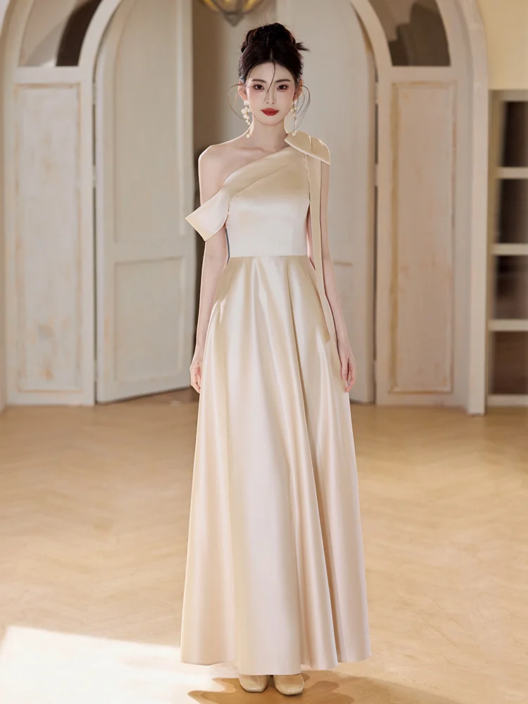 Champagne A Line Elegant One Shoulder Satin Long Bridesmaid Dress