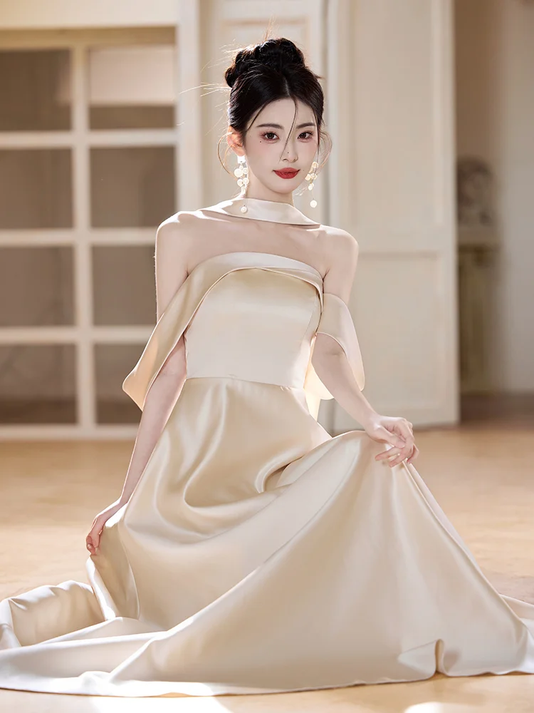 Classy Champagne A Line Off The Shoulder Satin Long Bridesmaid Dress