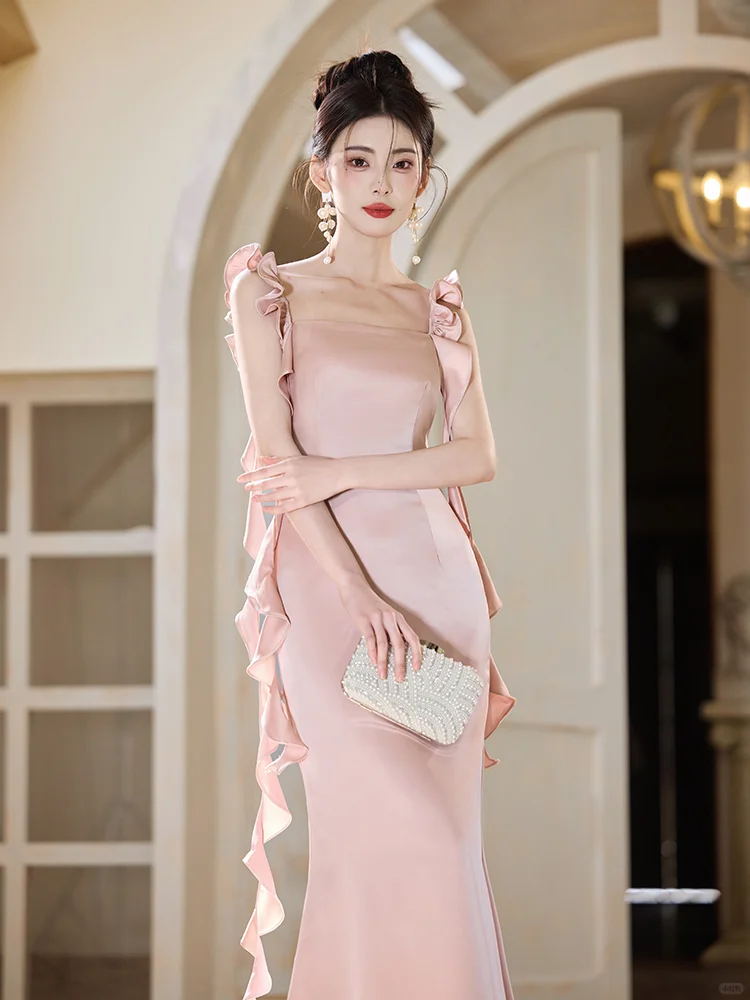 Classy Mermaid Spaghetti Straps Blush Pink Satin Long Bridesmaid Dress