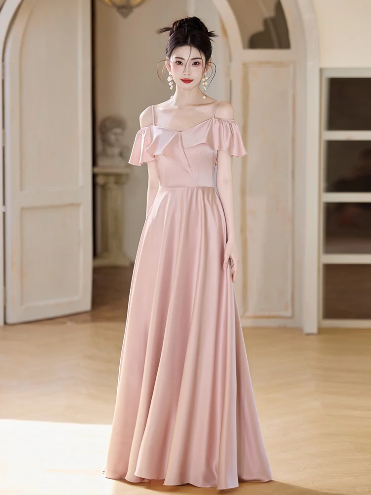 Elegant A Line Spaghetti Straps Blush Pink Satin Long Bridesmaid Dress