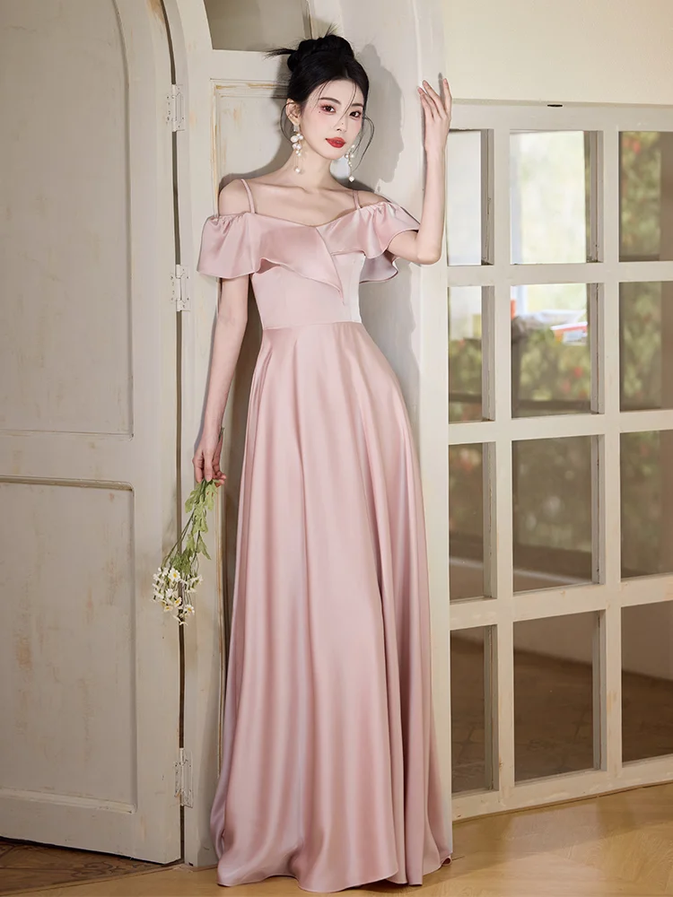 Elegant A Line Spaghetti Straps Blush Pink Satin Long Bridesmaid Dress