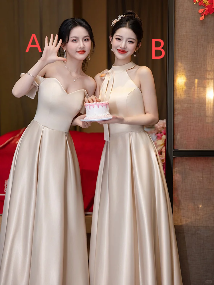 Champagne Classy A Line Satin Long Bridesmaid Dress