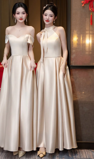 Champagne Classy A Line Satin Long Bridesmaid Dress