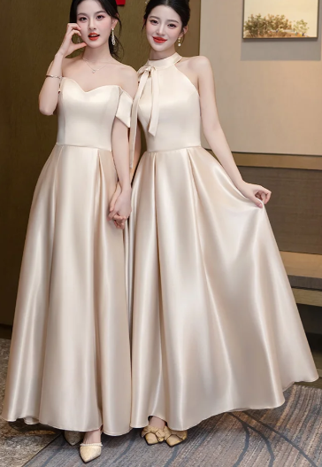 Champagne Classy A Line Satin Long Bridesmaid Dress