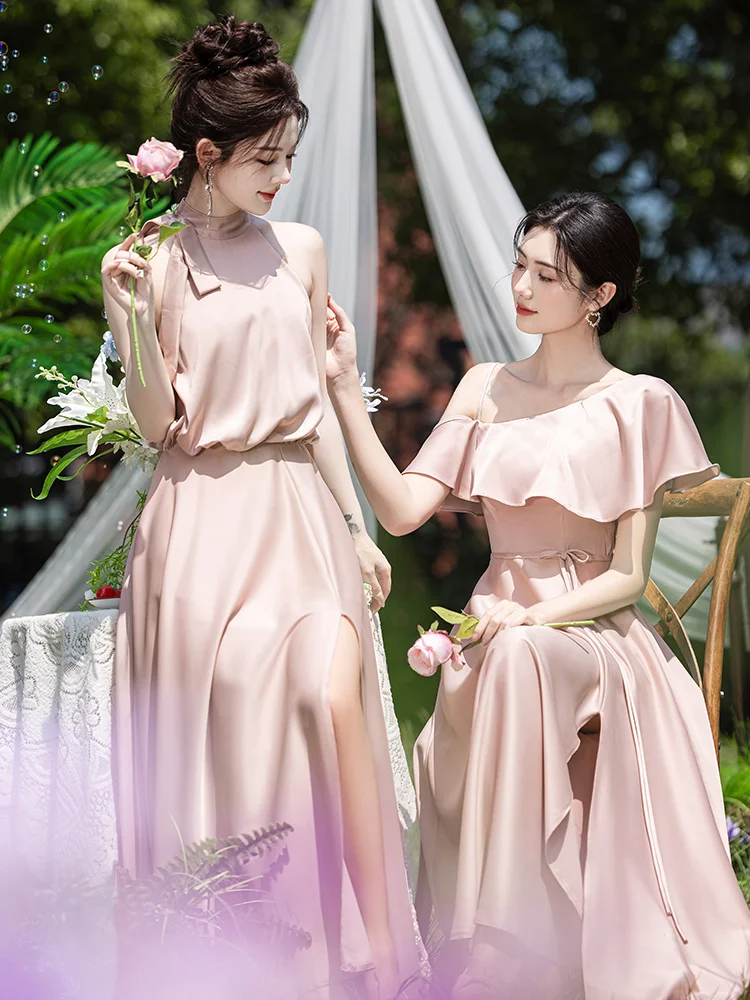 Classy Pink A Line Satin Long Bridesmaid Dress