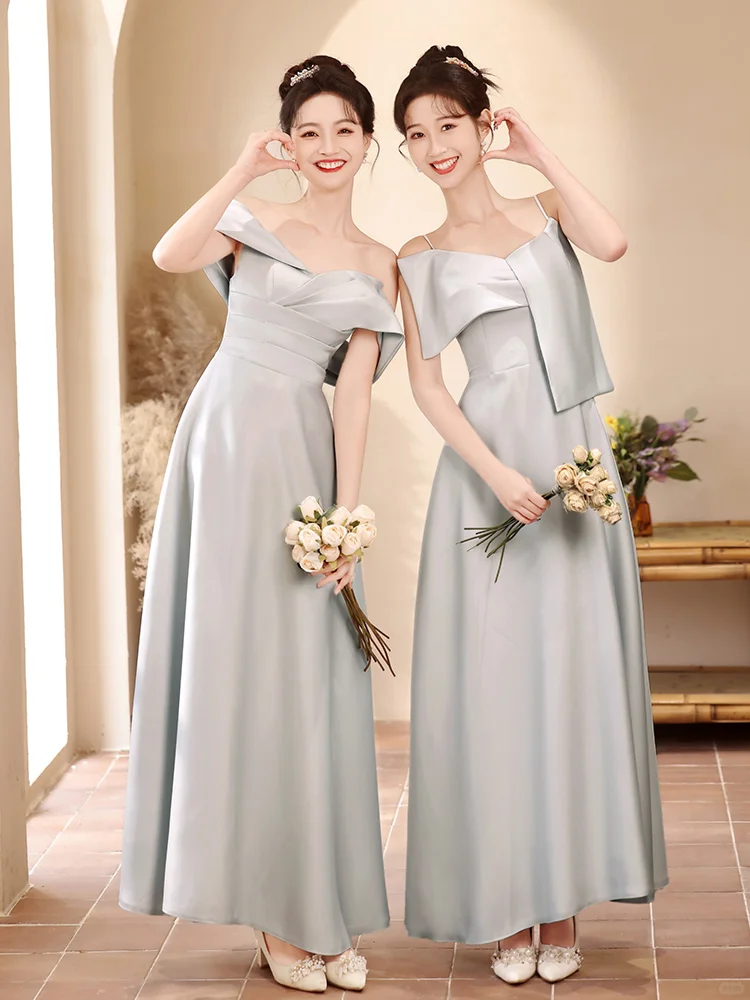 Elegant A Line Gray Satin Long Bridesmaid Dress