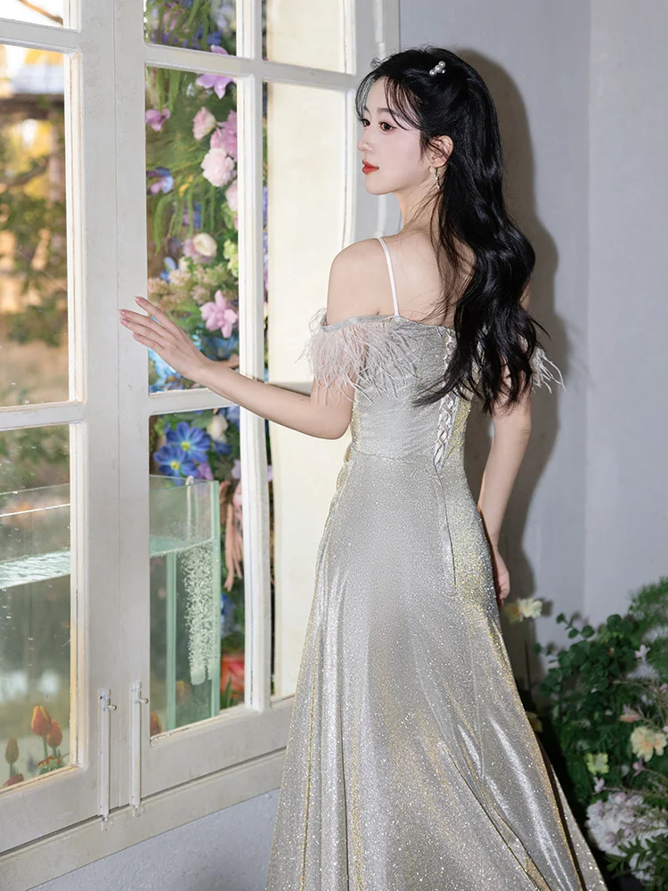 Shiny A Line Off The Shoulder Satin Sequin Long Bridesmaid Dress
