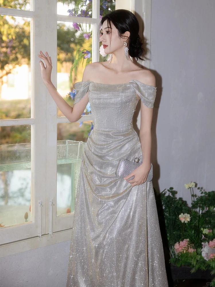 Elegant A Line Off The Shoulder Satin Sequin Long Bridesmaid Dress
