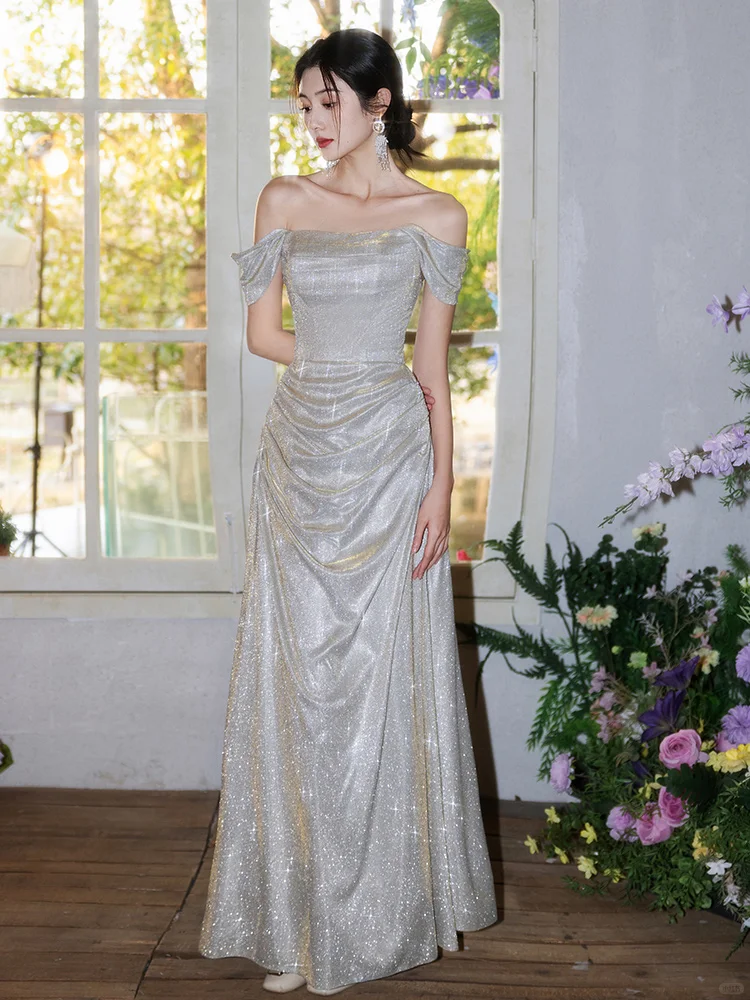 Elegant A Line Off The Shoulder Satin Sequin Long Bridesmaid Dress