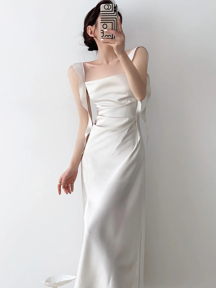 Elegant Mermaid Square White Satin Long Bridesmaid Dress