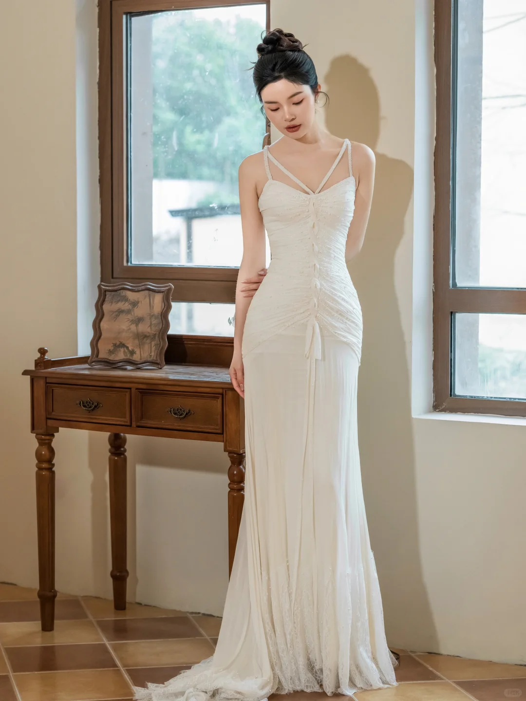 Dreamy Mermaid Spaghetti Straps Chiffon Lace Beaded Long Wedding Dresses