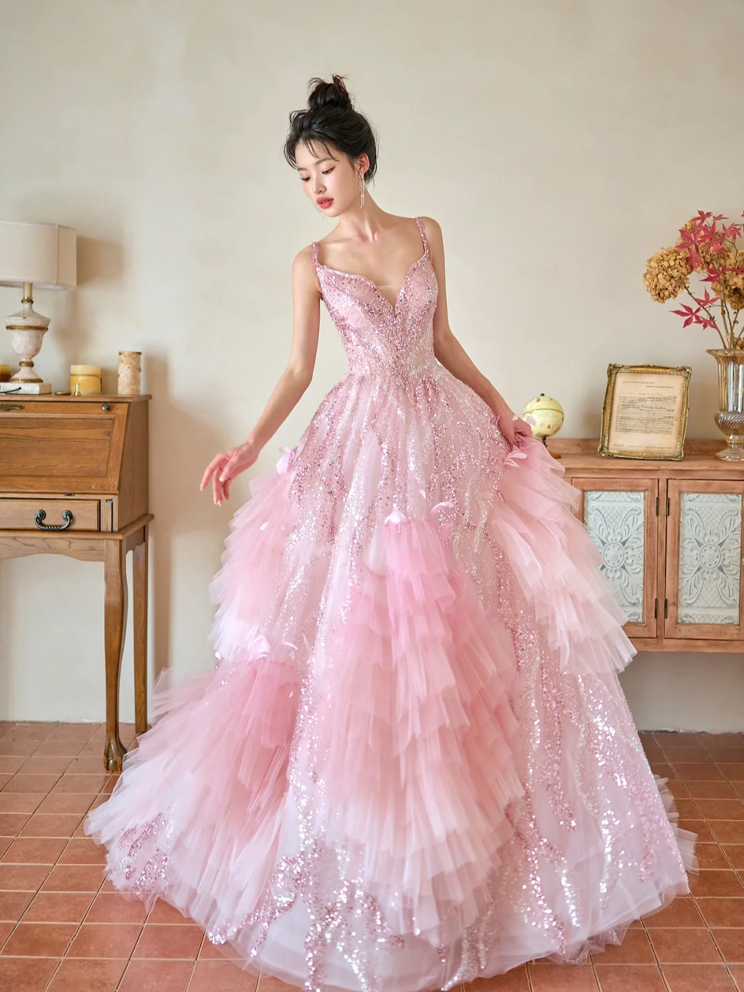 Pretty Summer Ball Gown Spaghetti Straps Pink Tulle Sequin Long Prom Dresses