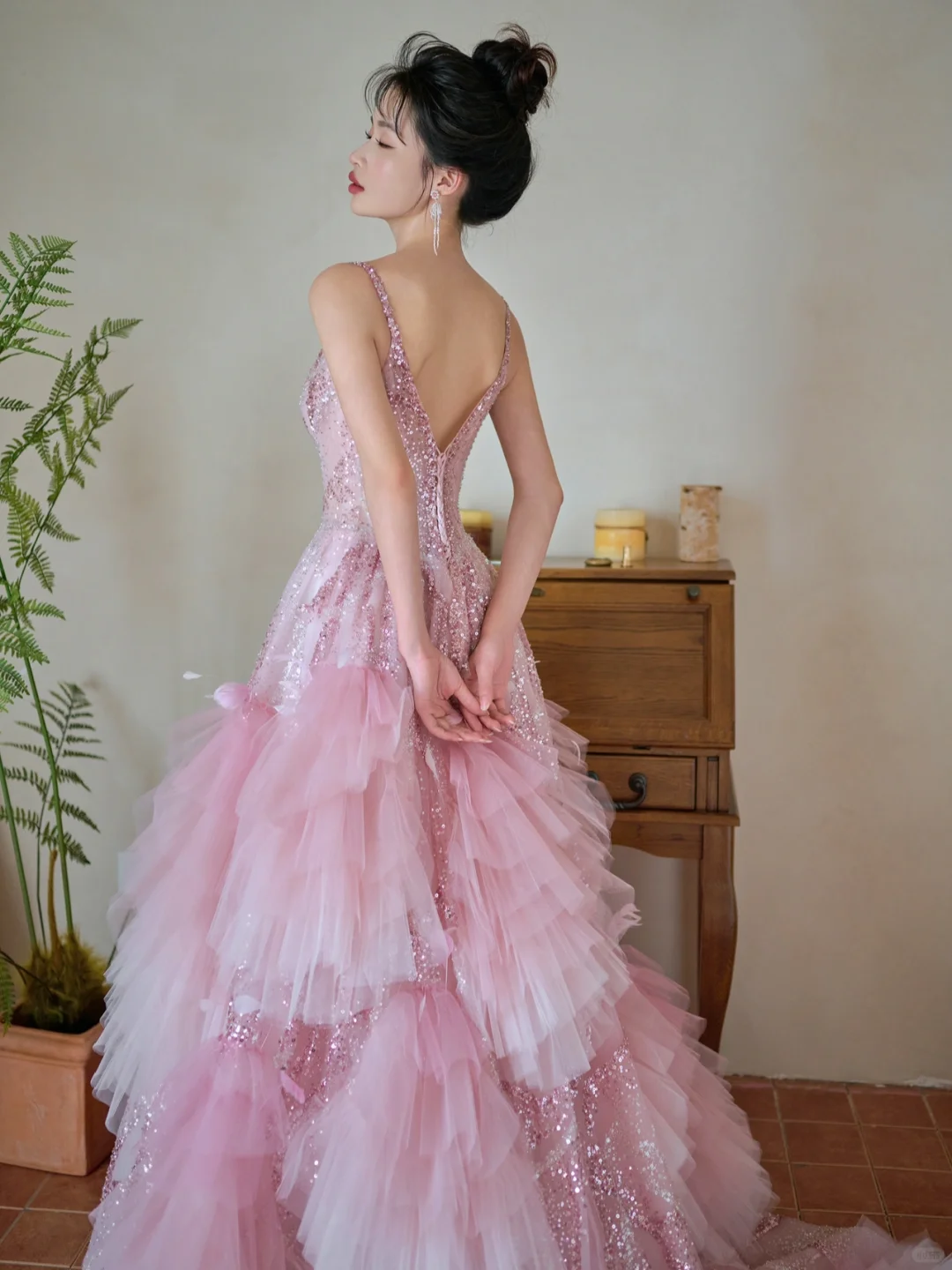 Pretty Summer Ball Gown Spaghetti Straps Pink Tulle Sequin Long Prom Dresses
