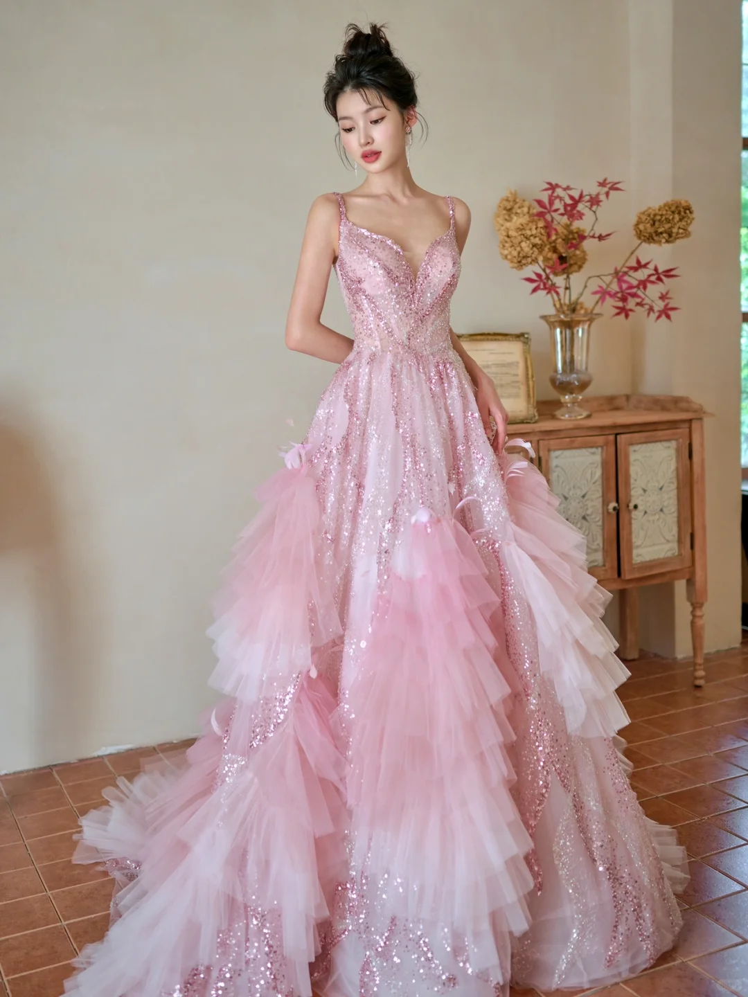 Pretty Summer Ball Gown Spaghetti Straps Pink Tulle Sequin Long Prom Dresses