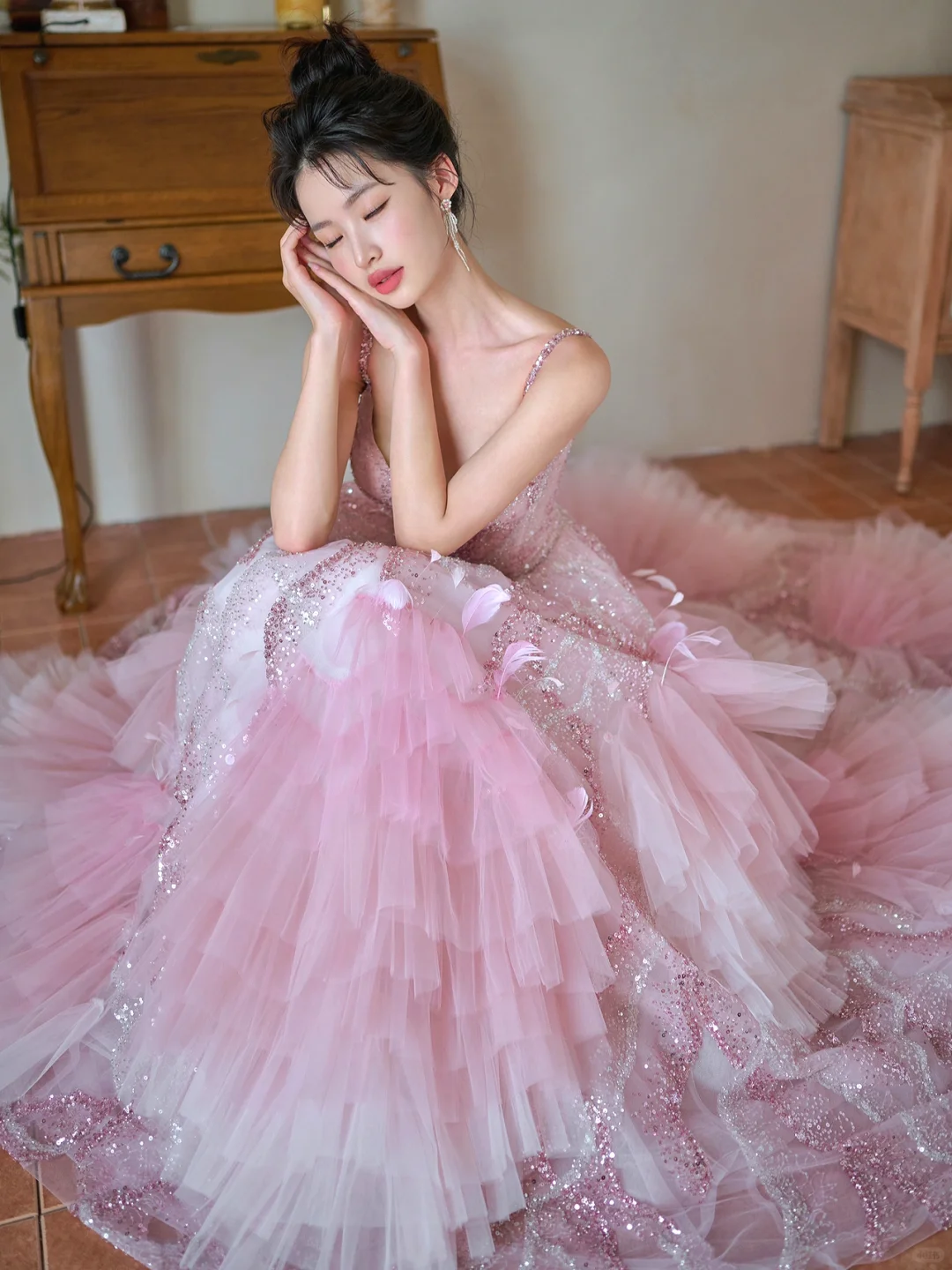 Pretty Summer Ball Gown Spaghetti Straps Pink Tulle Sequin Long Prom Dresses