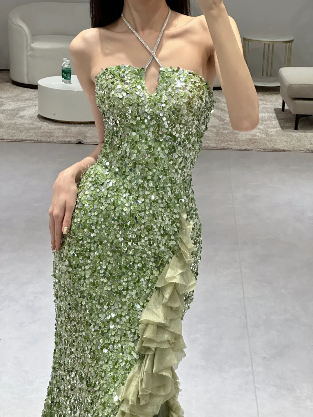 Green Elegant Mermaid Halter Satin Sequin Slit Long Prom Dresses