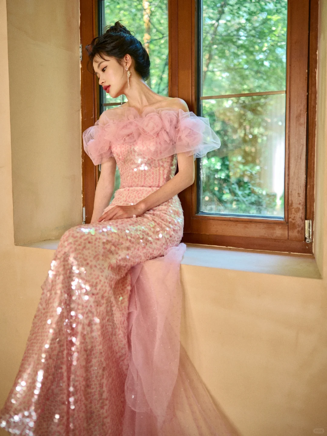 Unique Elegant Mermaid Off The Shoulder Pink Tulle Sequin Long Prom Dresses