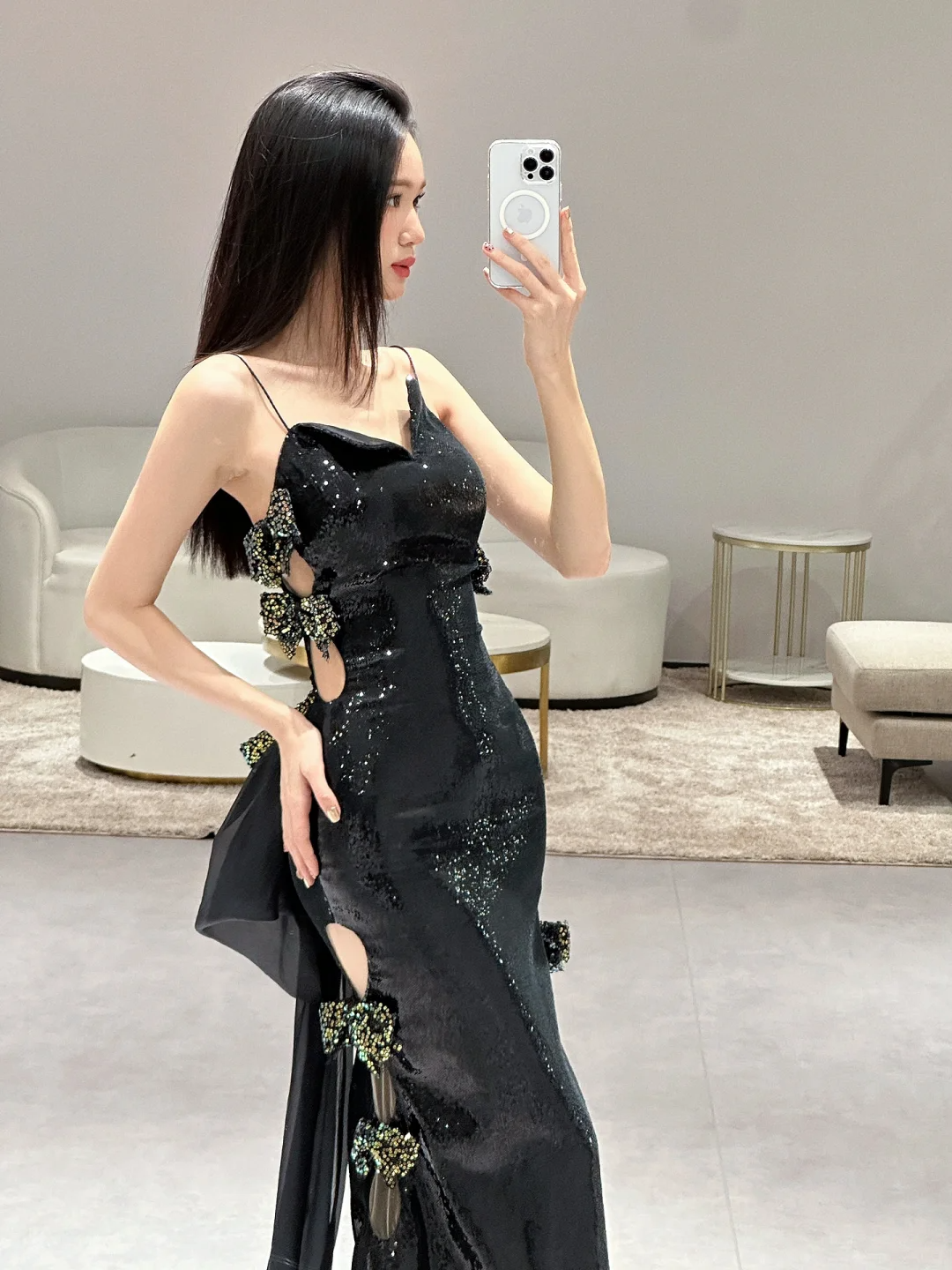 Unique Sexy Mermaid Spaghetti Straps Black Sequin Long Prom Dresses