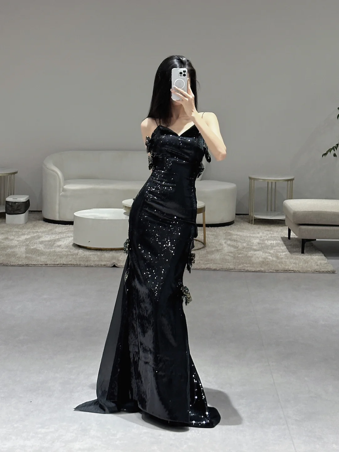 Unique Sexy Mermaid Spaghetti Straps Black Sequin Long Prom Dresses