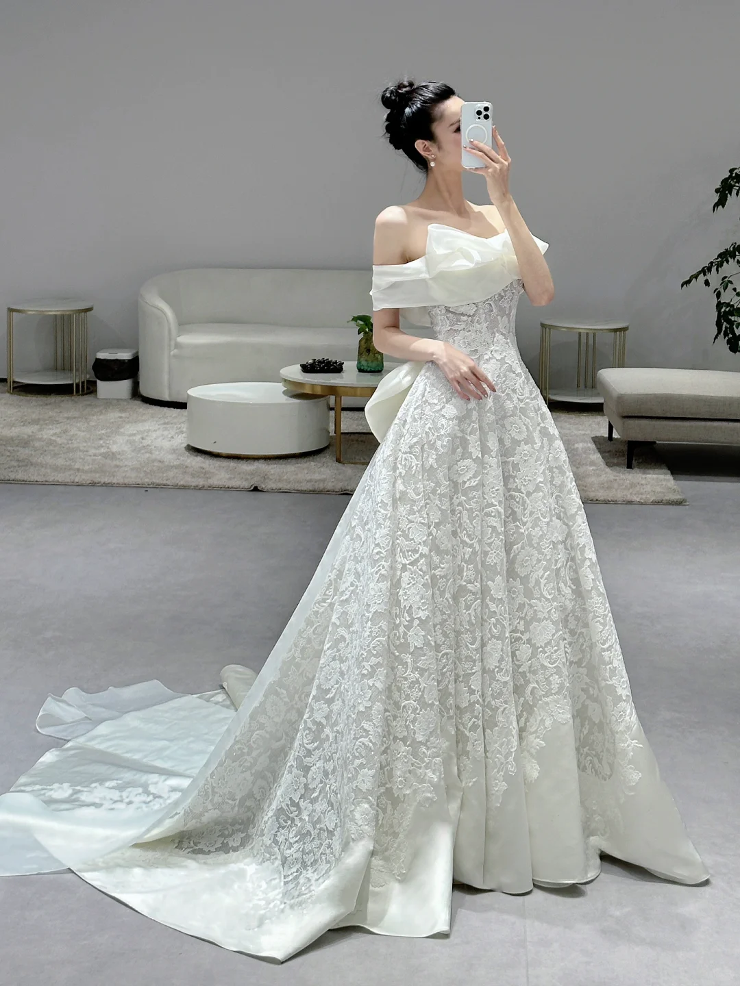 Dreamy Ball Gown Off The Shoulder Satin Tulle Lace Long Wedding Dresses