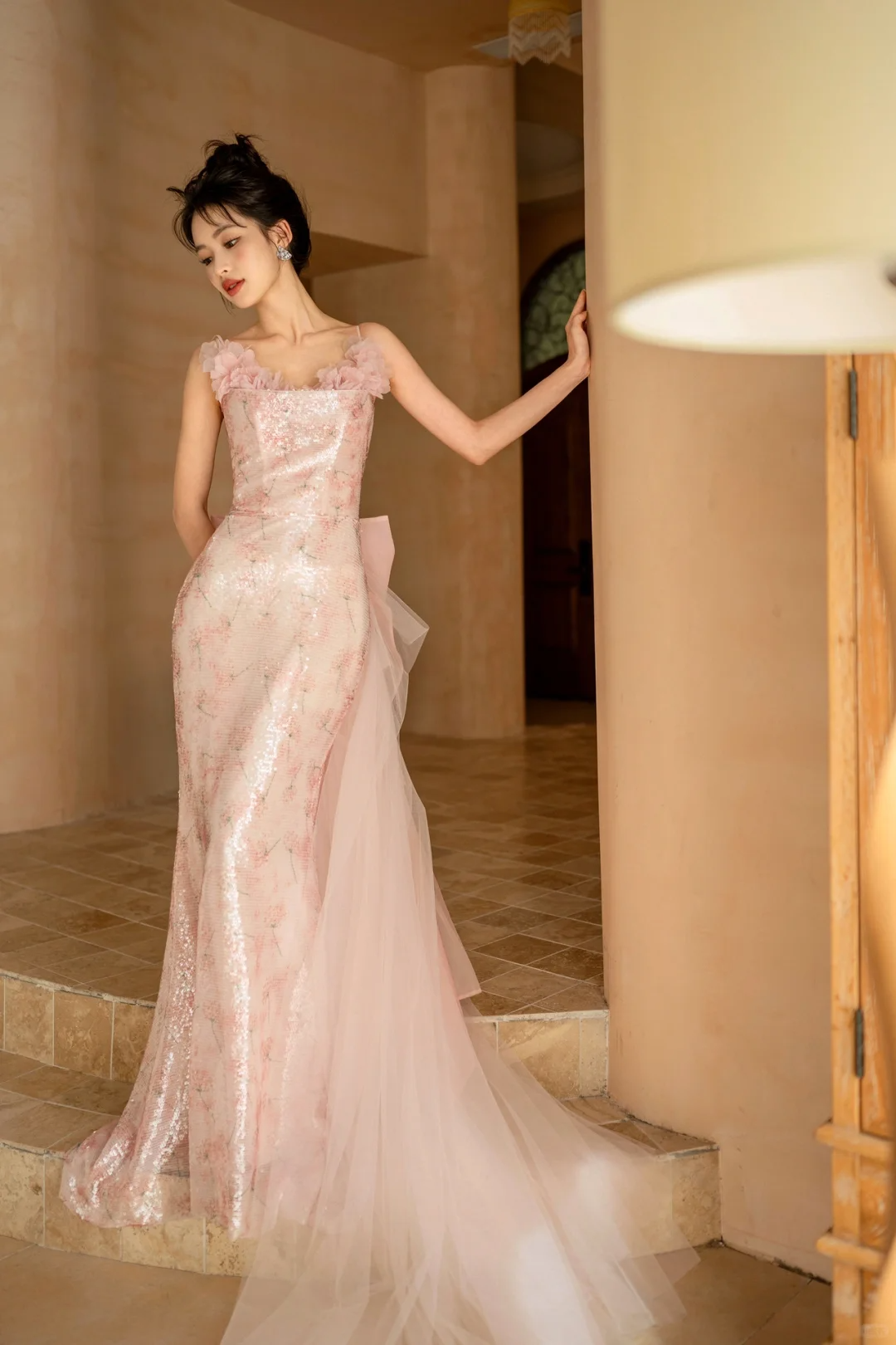 Pretty Mermaid Spaghetti Straps Pink Tulle Sequin Long Prom Dresses
