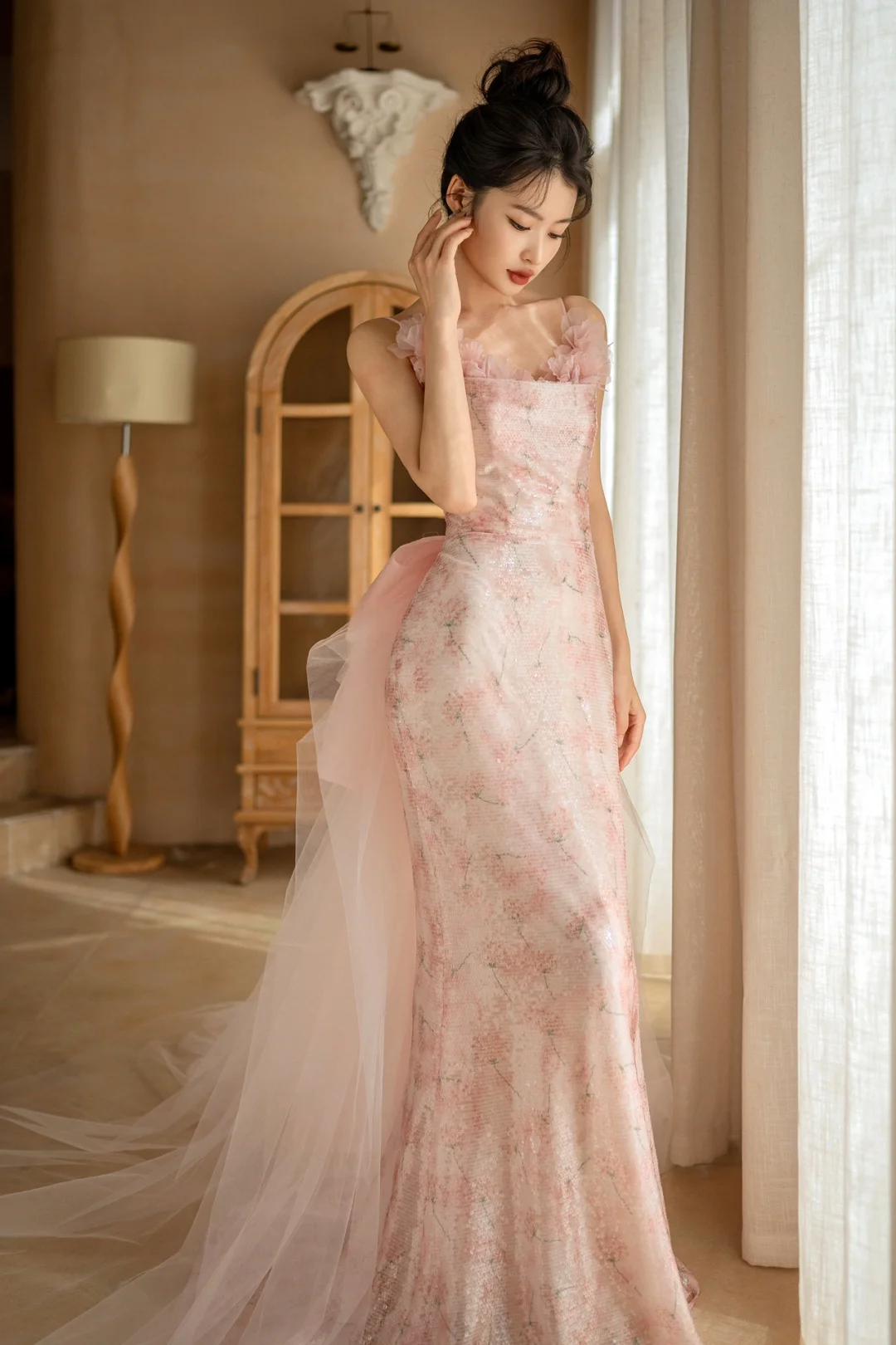 Pretty Mermaid Spaghetti Straps Pink Tulle Sequin Long Prom Dresses