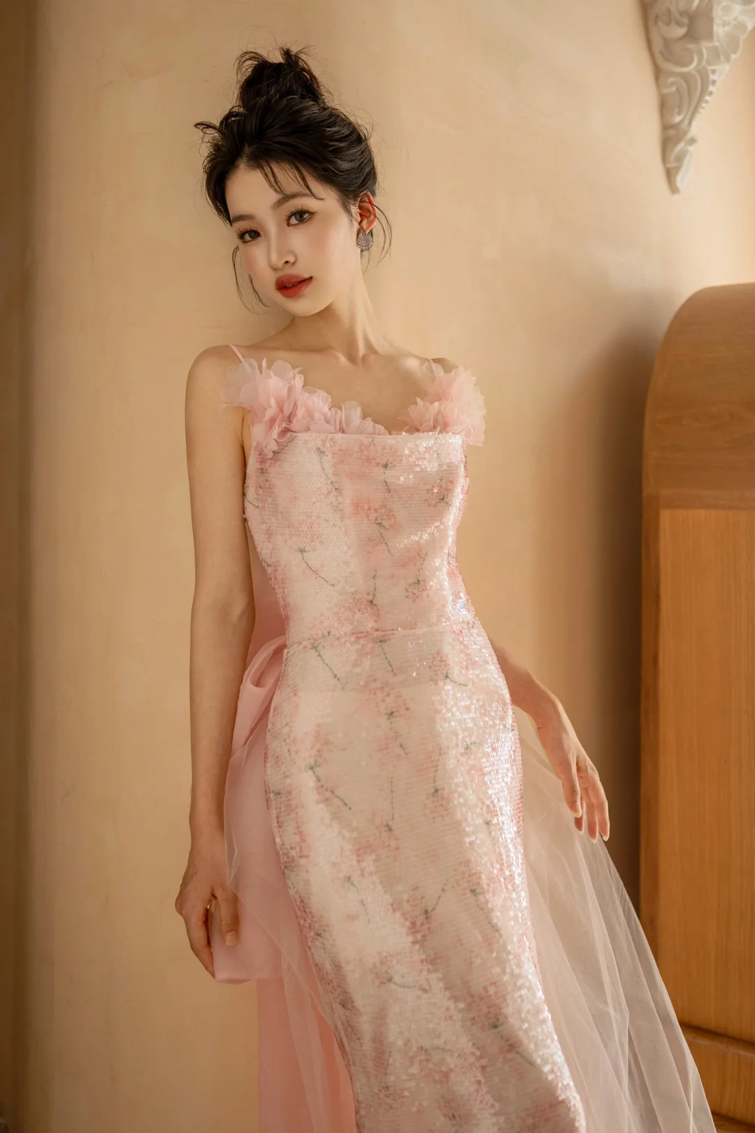 Pretty Mermaid Spaghetti Straps Pink Tulle Sequin Long Prom Dresses
