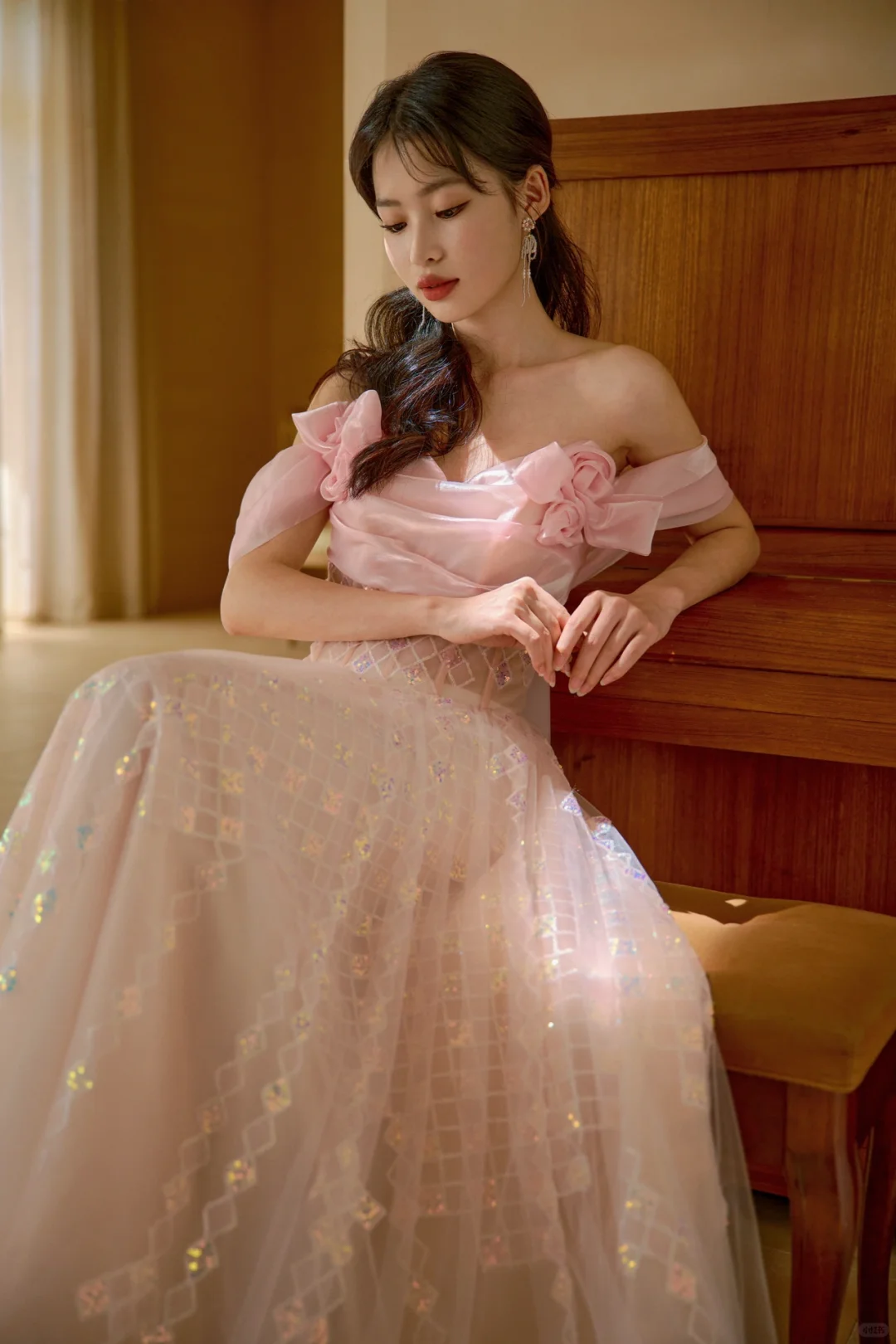 Pretty A Line Off The Shoulder Pink Satin Tulle Sequin Long Prom Dresses