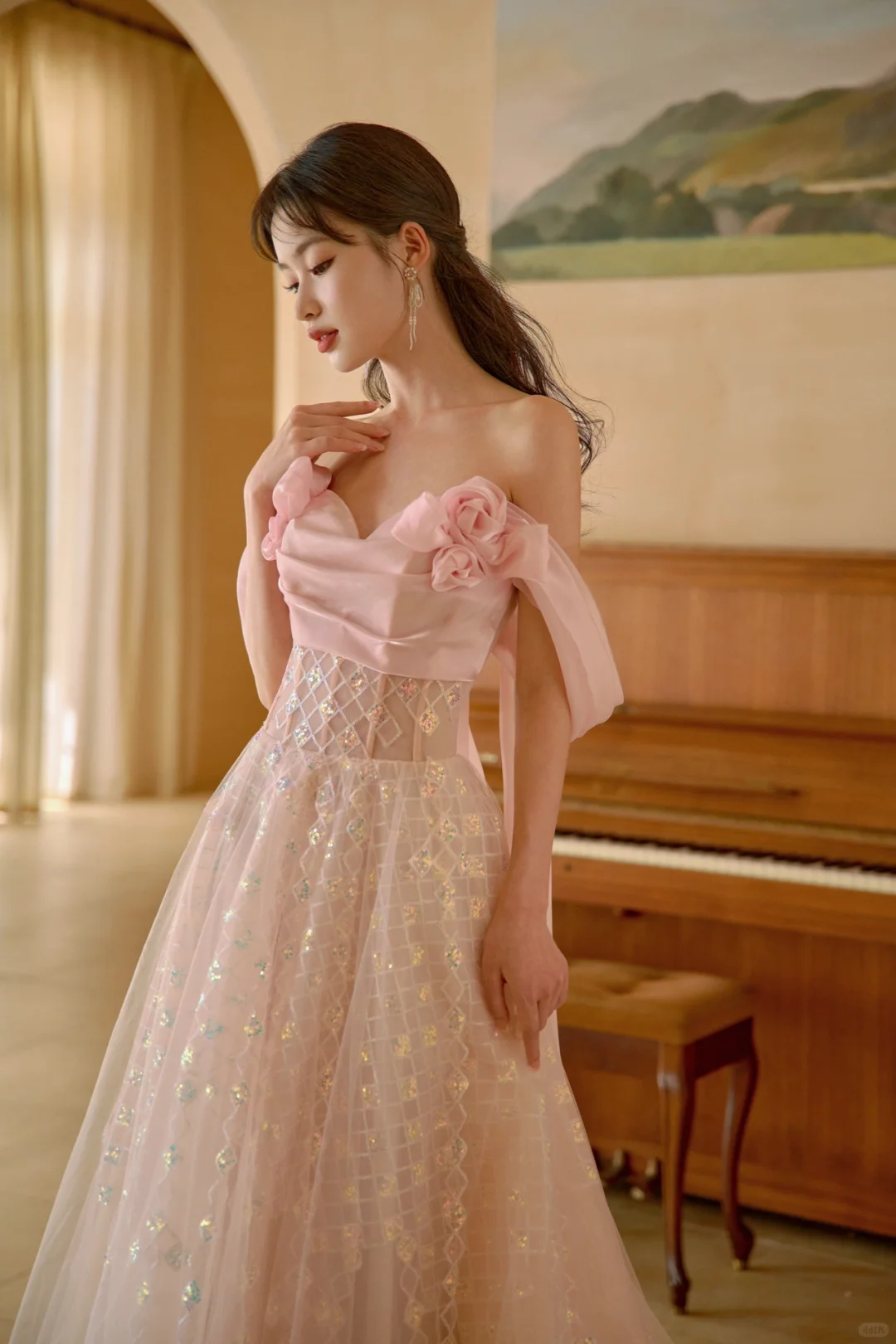 Pretty A Line Off The Shoulder Pink Satin Tulle Sequin Long Prom Dresses