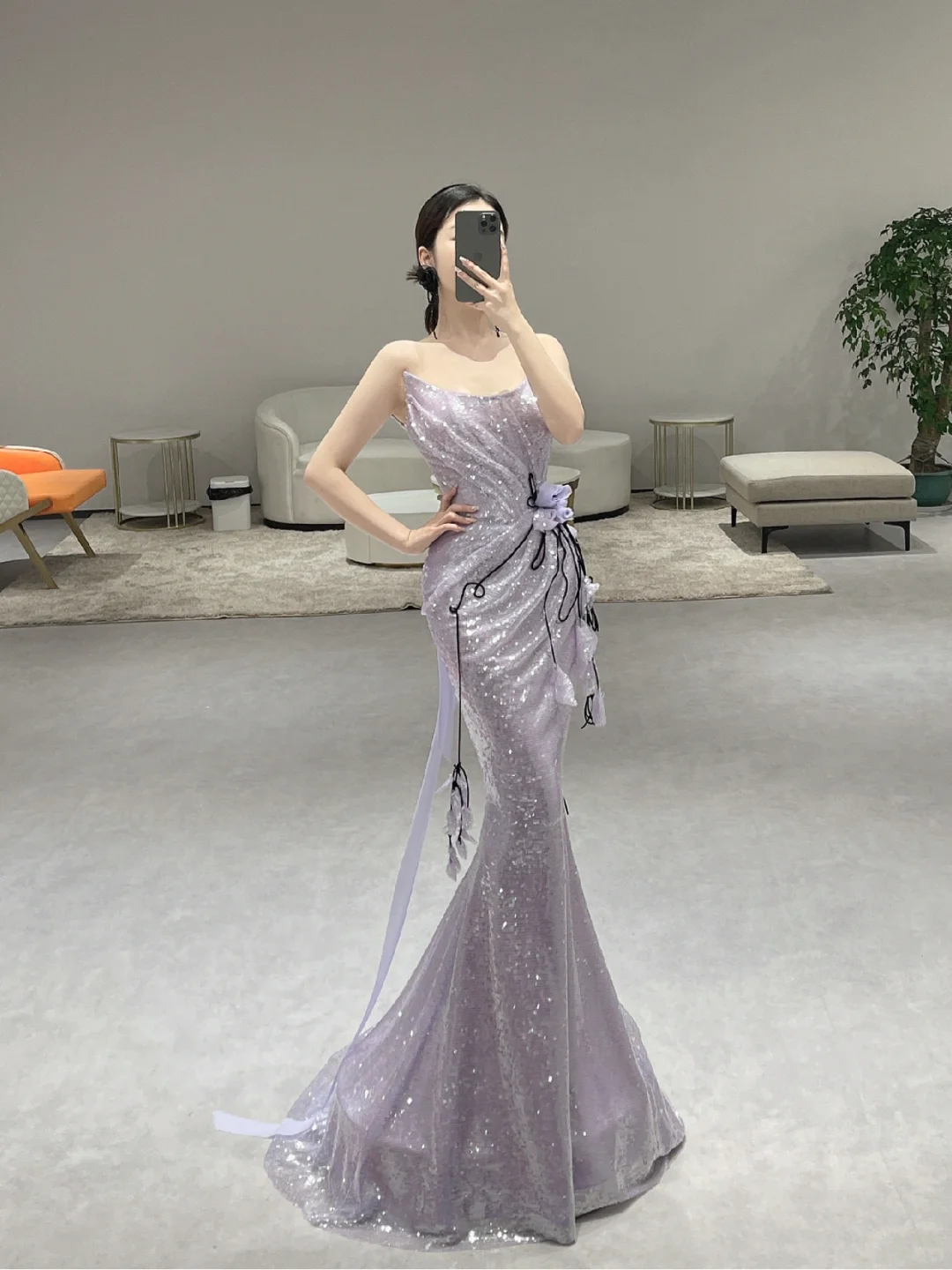 Vintage Mermaid Strapless Lilac Sequin Long Prom Dresses