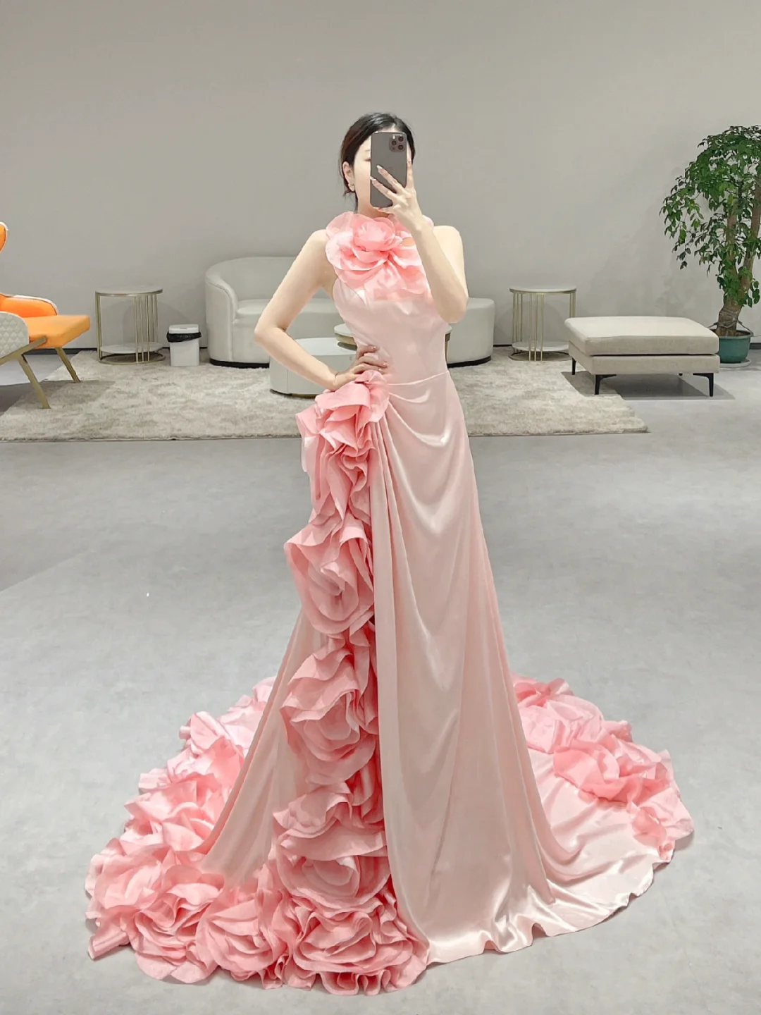 Stunning Mermaid Halter Pink Satin Flowers Long Prom Dresses
