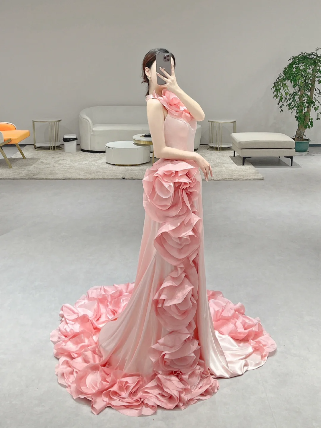 Stunning Mermaid Halter Pink Satin Flowers Long Prom Dresses