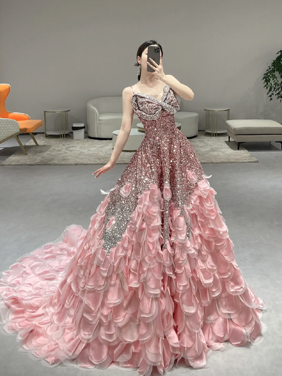 Gorgeous A Line Spaghetti Straps Satin Sequin Long Prom Dresses