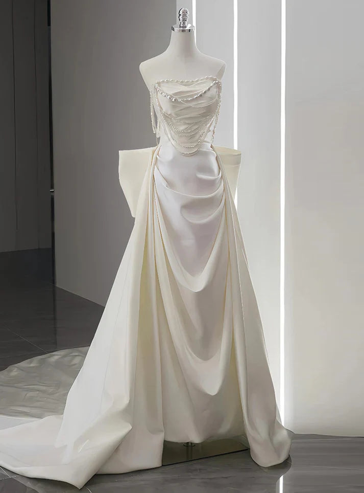 Elegant A Line Strapless Satin Beaded Pleated Long Wedding Dresses
