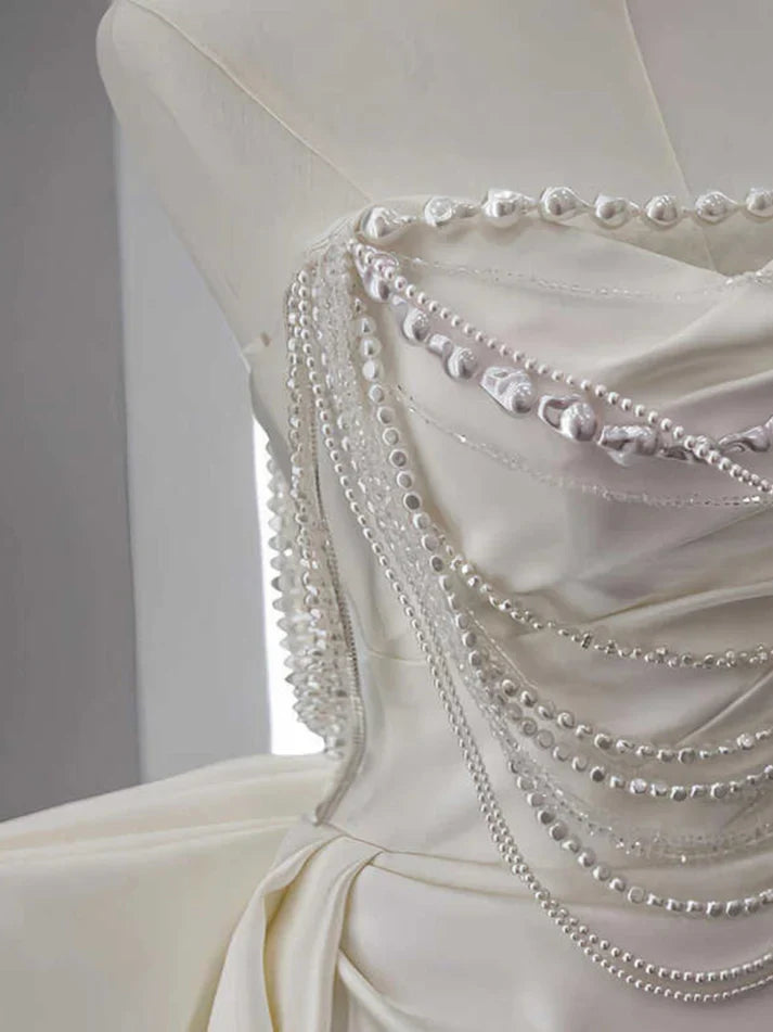 Elegant A Line Strapless Satin Beaded Pleated Long Wedding Dresses