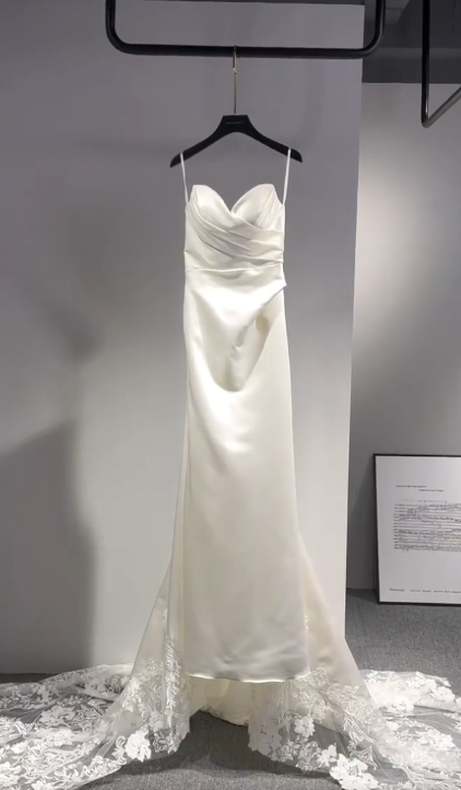 Elegant Mermaid Spaghetti Straps Satin With Lace Train Long Wedding Dresses
