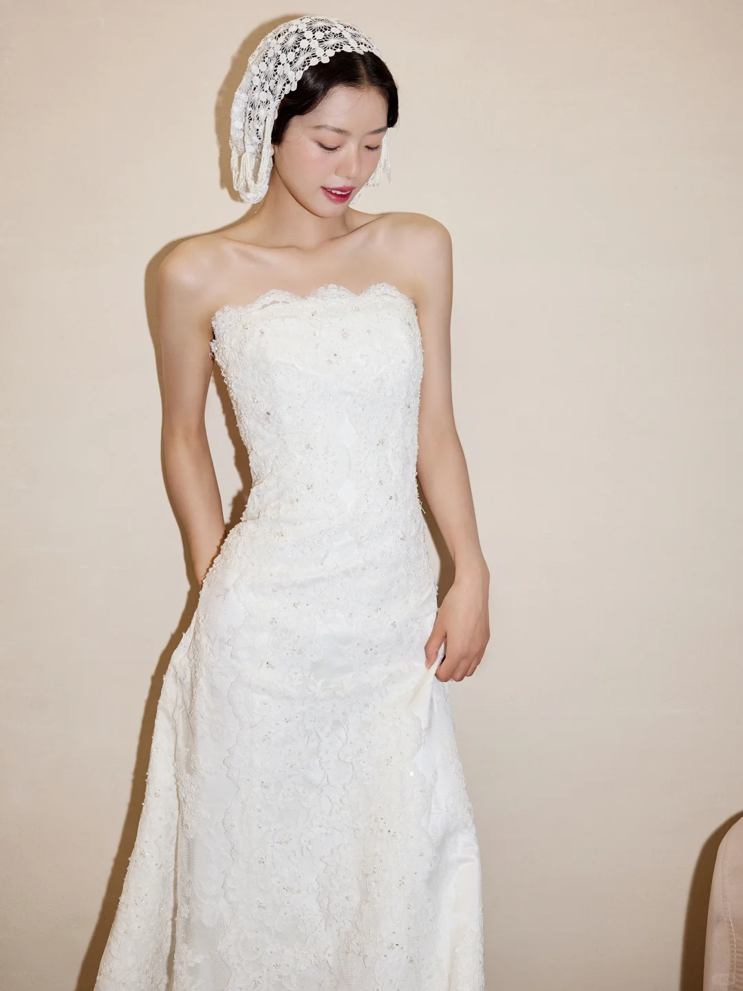 Vintage Mermaid Strapless Satin Lace Long Wedding Dresses