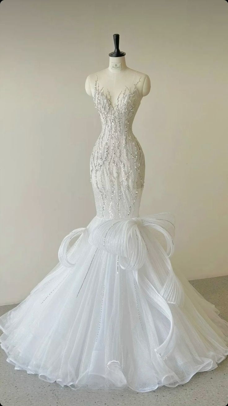 Pretty Mermaid Strapless Tulle Beaded Sequin Long Wedding Dresses