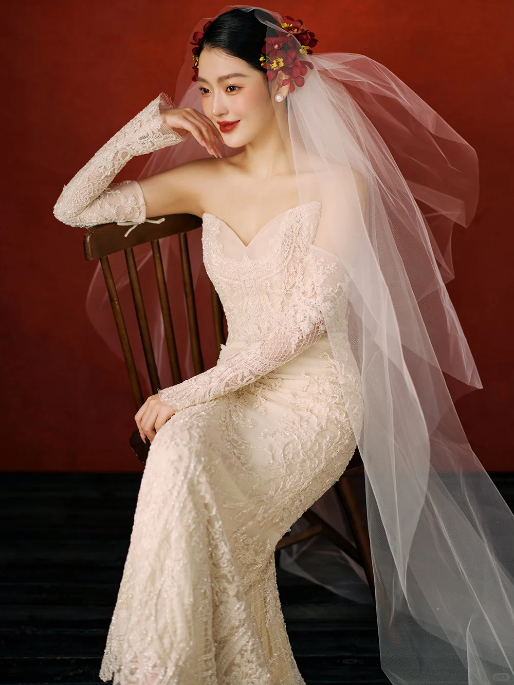 Dreamy Mermaid Strapless Satin Lace With Sleeves Long Wedding Dresses
