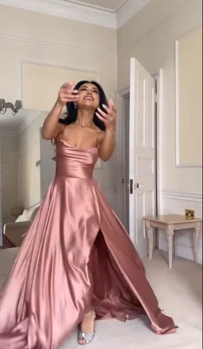 Stylish Spaghetti Straps Pink A Line Slit Bridesmaid Dress Long Prom Dress