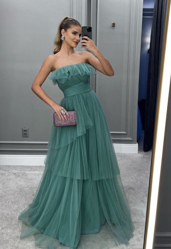 Elegant A-line Tulle Prom Dress,Strapless Evening Dress
