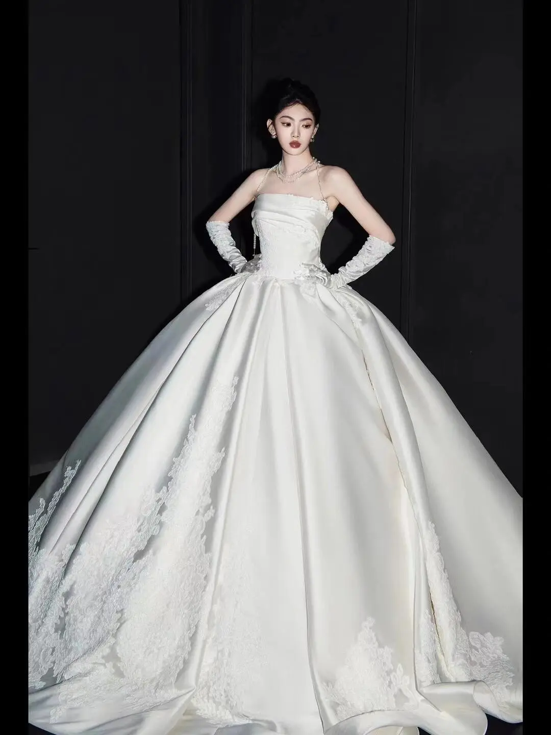 Timeless Ball Gown Strapless Satin Applique With Gloves Long Wedding Dresses
