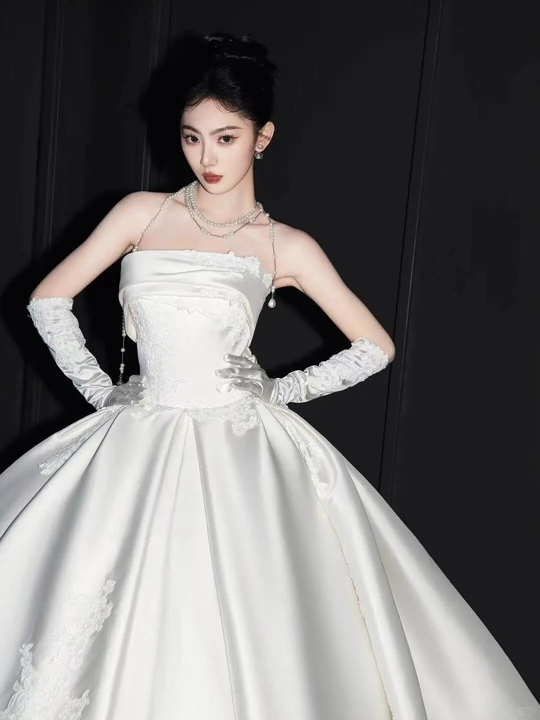 Timeless Ball Gown Strapless Satin Applique With Gloves Long Wedding Dresses