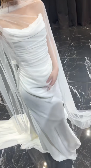 Elegant Mermaid Strapless White Chiffon Tulle Long Wedding Dresses