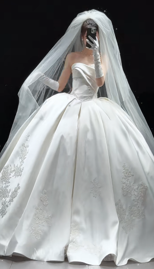 Timeless Ball Gown Strapless Satin Applique With Veil Gloves Long Wedding Dresses