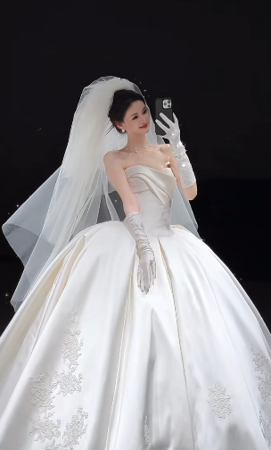 Timeless Ball Gown Strapless Satin Applique With Veil Gloves Long Wedding Dresses